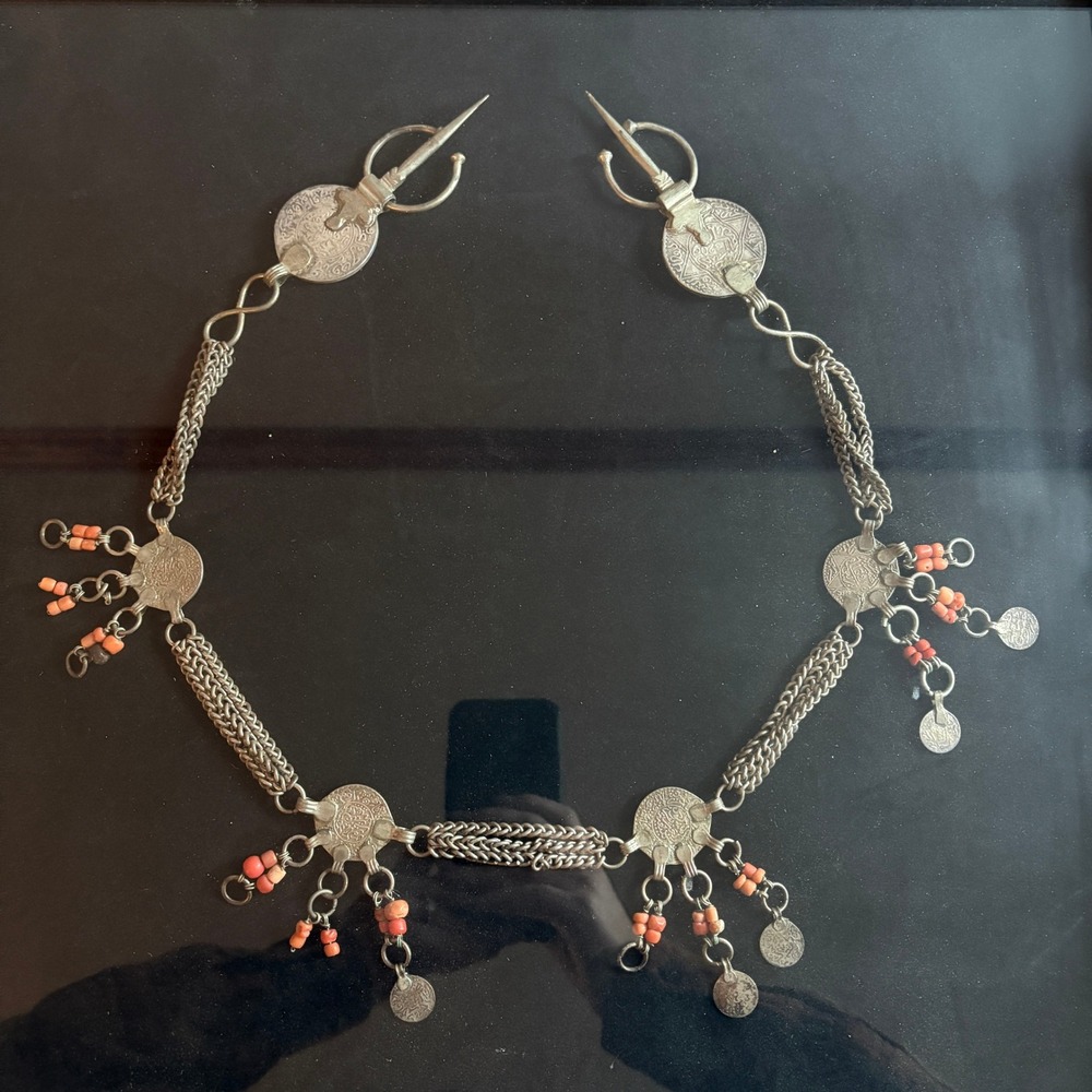 Berber N African Silver Coin Necklace Coral Beads Coins Dated 1902–1903 Framed